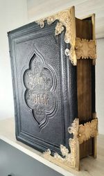 STUNNING ANTIQUE HOLY BIBLE WITH BRASS CLASPS & EDGING, PLATES, c1880
