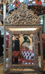  Antique French Repousse Brass Cushion Mirror 19th Century  Napoleon 111