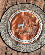 Vintage Chinese Silk Embroidery Roundel Panel Deer Pine Longevity Shou Qing Styl