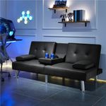 Limon 2-Seater Adjustable Black Leather Sofa Bed with Built-In Drink Holder