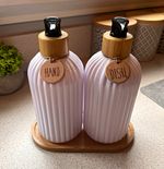 2x Refillable Soap Dispensers Set with Wooden Tray, Freestanding, White
