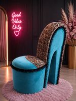 Teal & Leopard Print High Heel Shoe Chair with Black Lace Trim | Luxury Stiletto