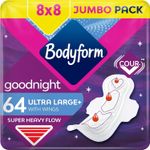 Bodyform Ultra Goodnight Sanitary Towels with Wings, 64 (8 x 8 Packs) Night use