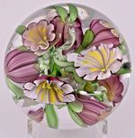 Eric W. Hansen 2023 Pink/Yellow Stylized Flowers Glass Paperweight 3.1"