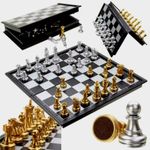 LARGE GOLD -SILVER Magnetic Folding Chess Set Pieces Chessboard Game 32 x 32 CM