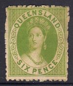Queensland  1863 SG27  6d Yellow green rough perf 13  no wmk  unused  (85)