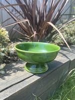 Green Ceramic Pedestal Centrepiece - 1970s Portuguese Majolica Fruit Bowl