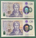 2x £20 Pound Banknotes Charles III Uncirculated Consecutive Numbers EH36
