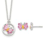 Real 925 Sterling Silver Pink Orange Butterfly Earrings and 14 Inch Set Ring