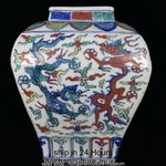 8.2" Ming Jiajing Marked Wucai Porcelain Dragon Pattern Square Pot Jar Crock
