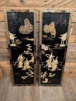 Pair Chinese Mother of Pearl Inlaid & Carved black lacquer panels vintage 