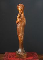 Vintage Hand Carved Olive Wood Virgin Mary & Jesus Madonna & Child Statue Figure