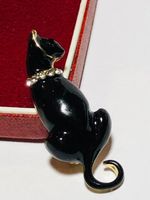 Beautiful Lucky Black Cat Enamel & Crystal Brooch Shawl Pin Jewellery
