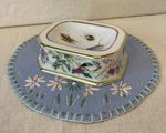 Porcelain Vista Alegre Salt/Trinket Dish, Gold Rim/Insect/Floral/Bird Design