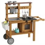 AIYAPLAY Wooden Mud Kitchen with Wheels, Stove, Stainless Steel Accessories