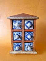 Handcrafted ceramic pottery drawers. Wooden spice holder