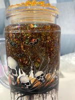 16 oz Handled snow globe with iced Lid,Halloween Skulls & Bats Design