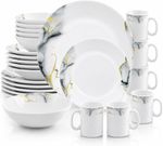 16-24 Piece Opal Glass Dinner Set for 6 People, White Marble Dinnerware Set