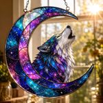 Wolf Moon Acrylic Suncatcher, Galaxy Wolf Window Hanging, Crescent Moon Wolf