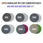 30pcs 3 Inch/75mm Wet Dry Hook And Loop Sanding Discs Mixed 800-3000 Grit