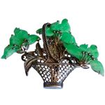 CHINESE  STERLING FILIGREE CARVED GREEN JADE ORCHID FLOWERS ANTIQUE BROOCH