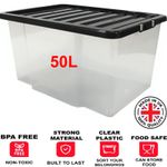 50L Plastic Storage Box Boxes Lid Handles Food Container Home Kitchen Office UK