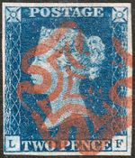 1840 DS8f SG4 2d BLUE PLATE 2 RED MALTESE CROSS VERY FINE 4 MARGINS (LF)