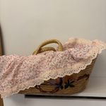 Vintage Woven Straw Raffia Floral  Applique Doll Basket Carrier Carrycot Bed
