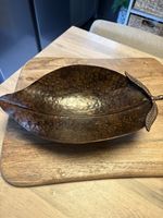 HAMMERED METAL LEAF DECORATIVE BOWL ON BUN FEET 11 X 6.5 INCHES