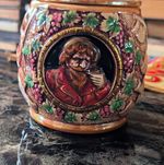 Ceramic Lidded Canister Jar Grapes Motif Castle & Portrait Relief Round 5in