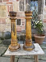 Large Vintage Candle Sticks Pair Wooden Church Nice Patina 49cm Tall Column