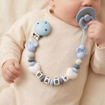 Custom Baby Name Pacifier Holder Blue Heart Silicone Beads Handmade Dummy Clip