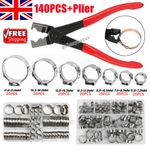 140x Single Ear Hose Clamps Assorted Stainless Steel O Fuel Pipe Clip Hose Plier