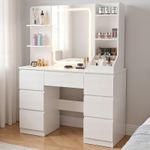 LED White Dressing Table Vanity Makeup Desk With 7 Drawer & Shelves & LED Lqbxln