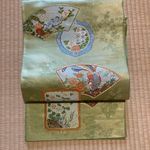 Japanese Silk Fukuro Obi Light Green Fan Bird Floral Embroidered Kimono Sash