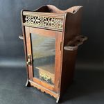AMAZING SMALL ANTIQUE OAK WOOD SMOKERS CABINET FOLDING PIPE STAND w/ GLASS DOOR