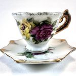 Vintage Enesco Minature Tea Cup & Saucer Yellow Pink Roses Gold Handle Japan