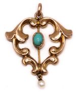 Antique, Victorian, 9ct Rose Gold, Turquoise & Pearl Lavaliere/Pendant