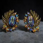 Vintage Florenza Aurora Borealis Earrings Gold Clip AB Rhinestone Art Glass