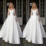 Classic Wedding Dresses Scoop Neck Long Sleeves Satin Bridal Gowns Sweep Train