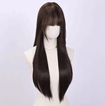 Dark Brown Straight Long Lace Front Wig Bangs Glueless Japanese Silky 26” inch