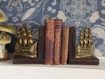 Vintage Mid 20th Century Brass and Wood Ship Book Ends "Saucy Jane"