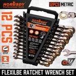 12PC Flexible Ratchet Spanner Wrench Set Metric 8-19mm With Storage Rack