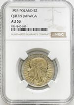 1934 Poland 5 Złotych – Queen Jadwiga – Silver – NGC AU53  zlota patyna 