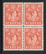 St Lucia 1938-48 3d Orange perf 12½ in block of four SG 133a Mnh.
