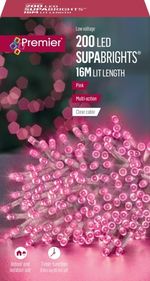 Premier 200 LED Multi-Action Christmas Tree Lights with Timer Clear Cable - PINK