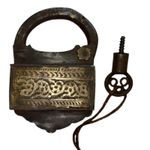 Rare 1850's Old Antique Iron Brass Unique Shape Engraved Screw System Lock & Key