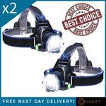 2 x ZOOM HEADLAMP HEAD TORCH 9000 LM RECHARGEABLE T6 LED HEADLIGHT FLASHLIGHTS