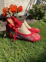 Traditional Chinese Style Red Canvas Embroidered Peacock Shoes Size 4UK