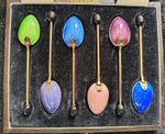 Art Deco Set 6 Enamel Gilted Solid Silver Coffee Spoons Birmingham 1930